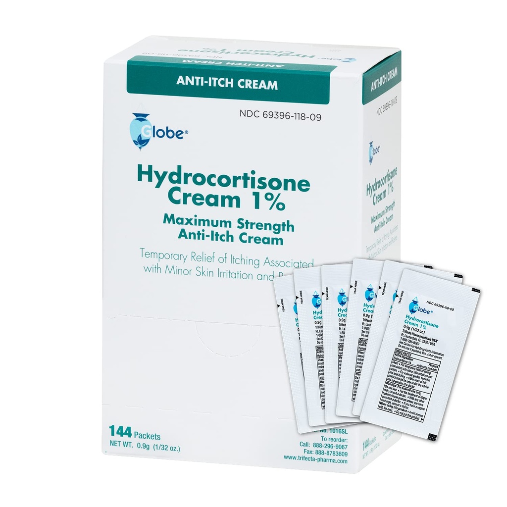Globe (Box 144 Hydrocortisone% 1 En Güçlü Krem, (0.9g Single Packet) Redness için Anti-Itch Cream, Itching, Rash, Bug/Mosquito Bites, Eczema, Hemorrhoids & More