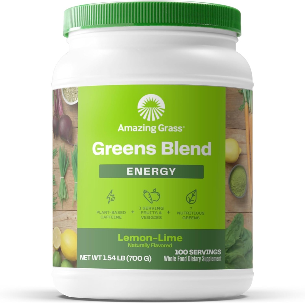 Amazing Grass Green Superfood Energy: Super Greens Powder & Plant Based Caffeine with Green Tea, Beet Root Powder & Flax Seed, Lemon Lime, 100 Servings (Packaging May Vary)