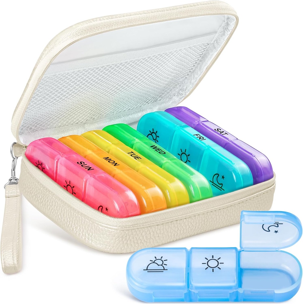 Cute Pill Organizer 3 Times a Day, Large Daily Pill Case for Women, Portable Pill Box 7 Day for Purse with Bag & lips to Hold Vitamins, Drugs, Fish Oils, Supplements (Beige)