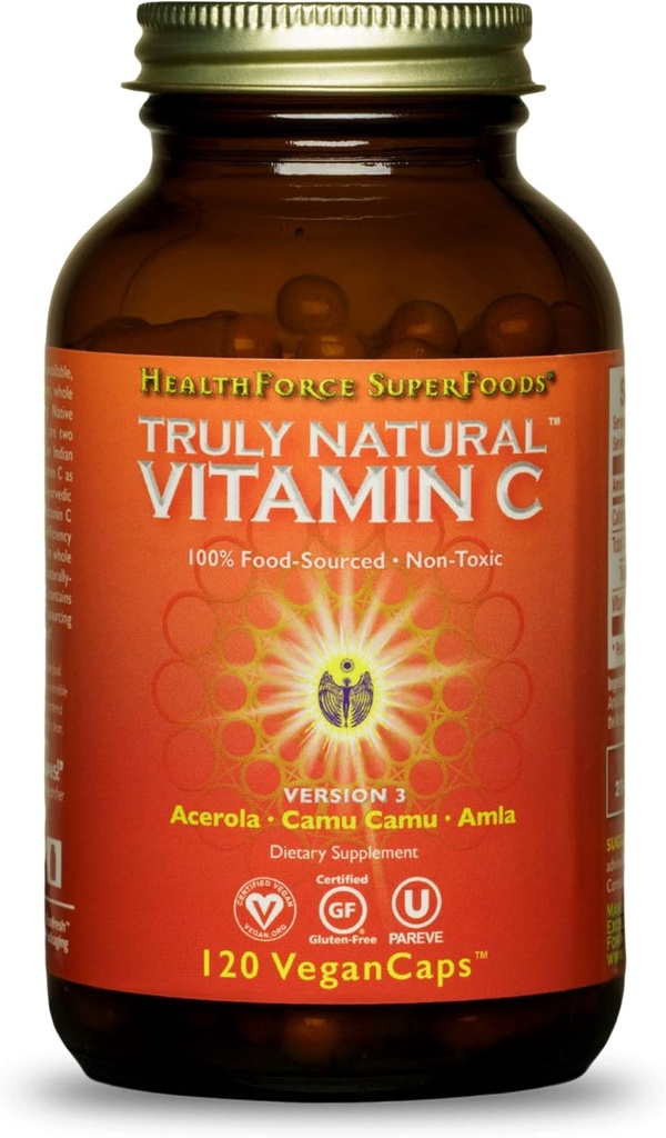 HEALTHFORCE SUPERFOODS Truly Natural Vitamin C - Immune Support Supplement with Camu Camu Berry - Vitamin C Supplement for Immune Health - Vegan, Non-GMO - 120 Vegan Caps, 15 Servings