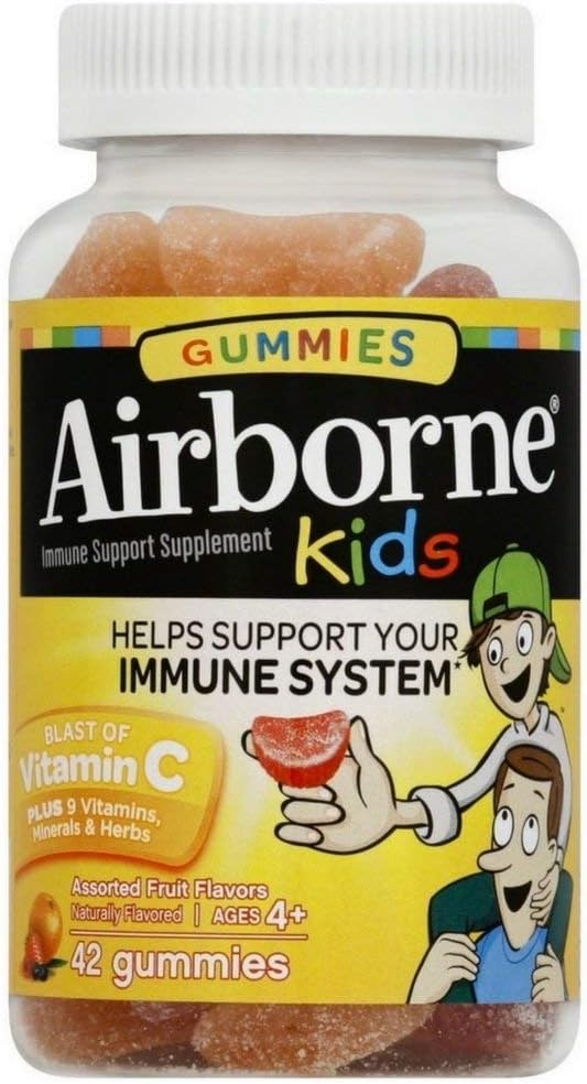 Airborne 500 mg Vitamin C + çinko Immune Support Supplement Gummies for Kids, Assorted Fruit Flavor, Gluten Free Crafted Mix with Powerful Antioxys C & E, 42 Gummies (4 Pack)