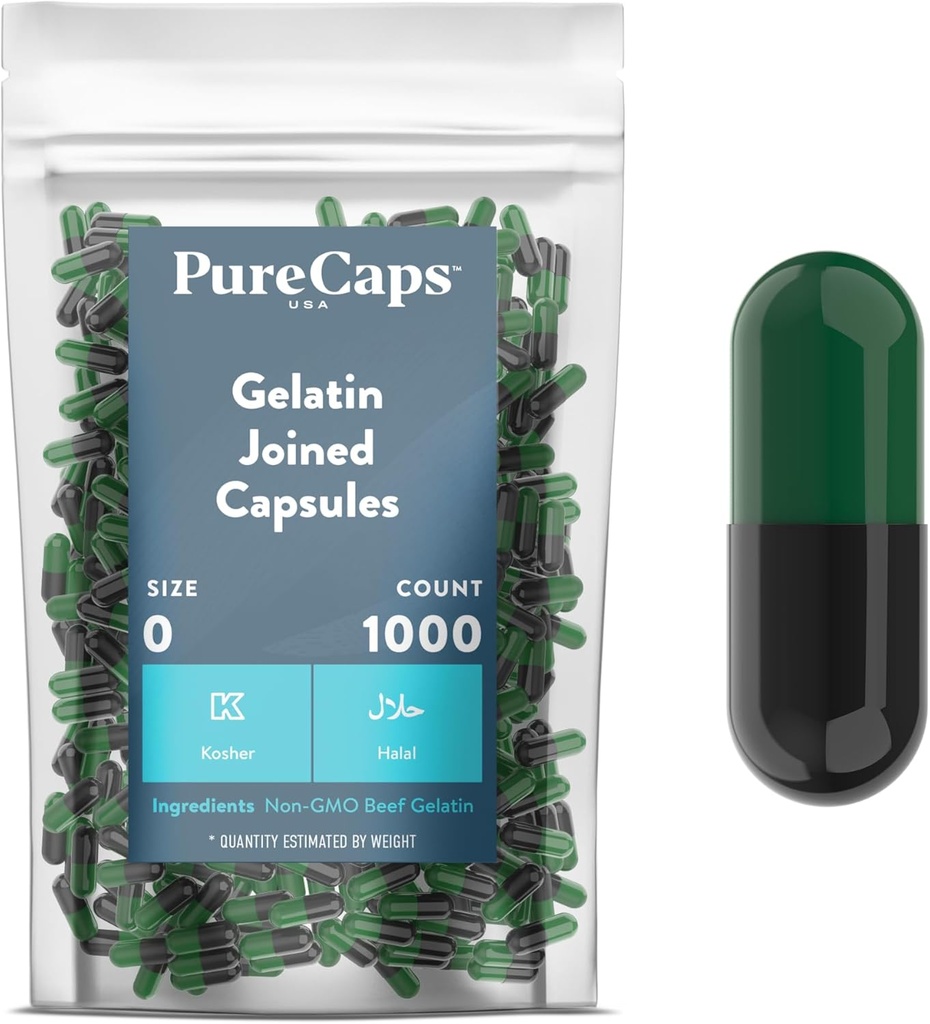 PureCaps USA - Boş Gelatin Capsules Boyutu 0| 1.000 Joined Pills / Green/Black / Non-GMO sertifikalı | SLS, Gluten, Preservative Free Free