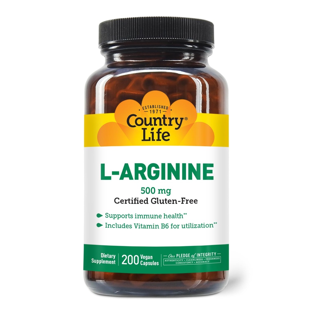 Country Life L-Arginine Caps with Vitamin B-6, 500 mg, 200 Vegan Capsules, sertifikalı Gluten Free, sertifikalı Vegan