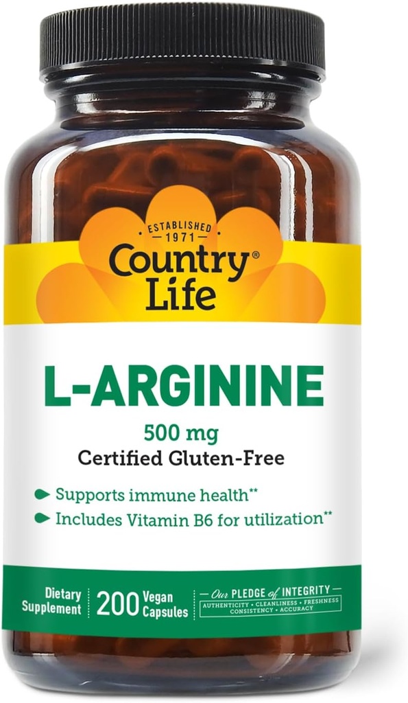 Country Life L-Arginine Caps with Vitamin B-6, 500 mg, 200 Vegan Capsules, sertifikalı Gluten Free, sertifikalı Vegan