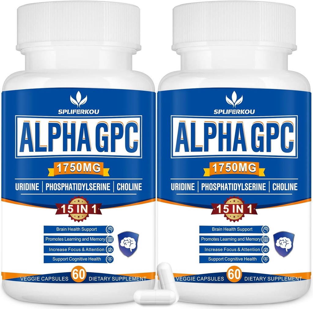15in-1 Alpha GPC Supplement with Phosphatidylserine, Uridine, L-Theanine, Lion's Mane Mushroom, 120 Capsules