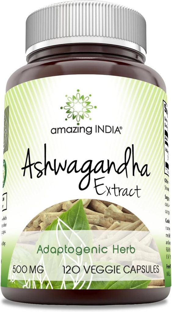 Amazing India Ashwagandha 500 mg Veggie Capsules Supplement | Made with Natural Ashwagandha | Non-GMO | Gluten Free (120 Count)