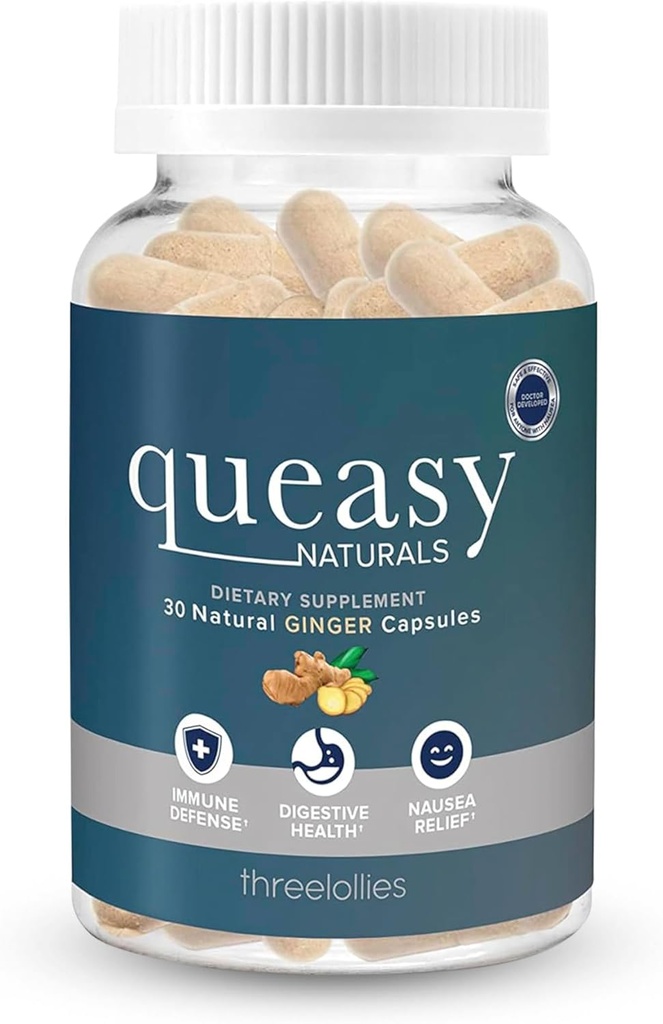 Üç Lollies Queasy Naturals Ginger Capsules - Non-Drowsy Nausea Relief Supplement - Hareket Önleme ve Nausea Relief For Chemoterapi - 1000 mg Ginger Root - 30 Caps