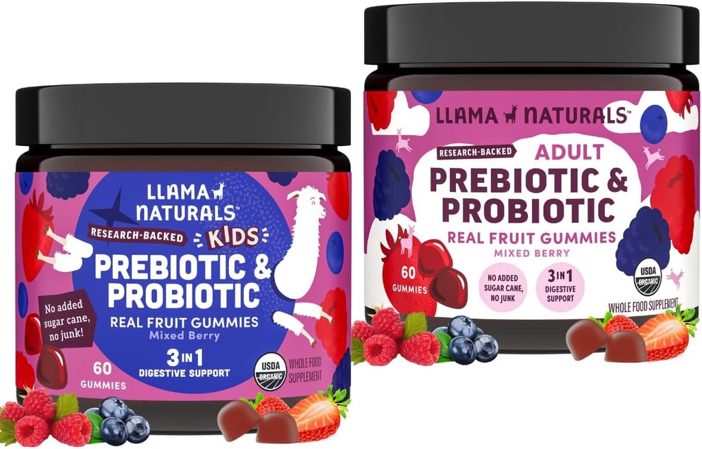 Llama Naturals Kids Pre & Probiyotik Gummies + Yetişkin Pre & Probiyotiks Sche | NoEDIT Sugar Cane | Vegan | Organik | Karma Berry Flavor | 2 Şişeler