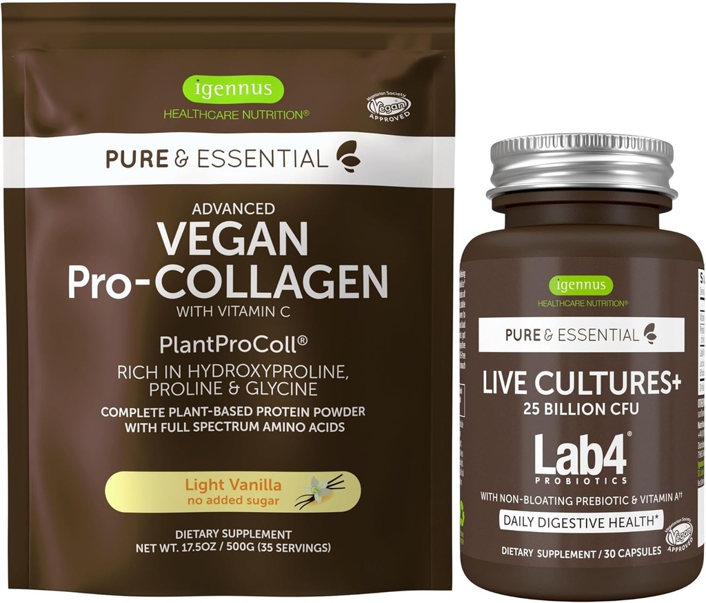 Canlı Kültürler+ Lab4 Probiyotiks + Vegan Vanilla Collagen protein Toz Vegan (1994), Tamam Collagen Boosting Formula + 25 Milyar CFU Probiyotik with Non-Bloating Prebiyotik, by Igennus