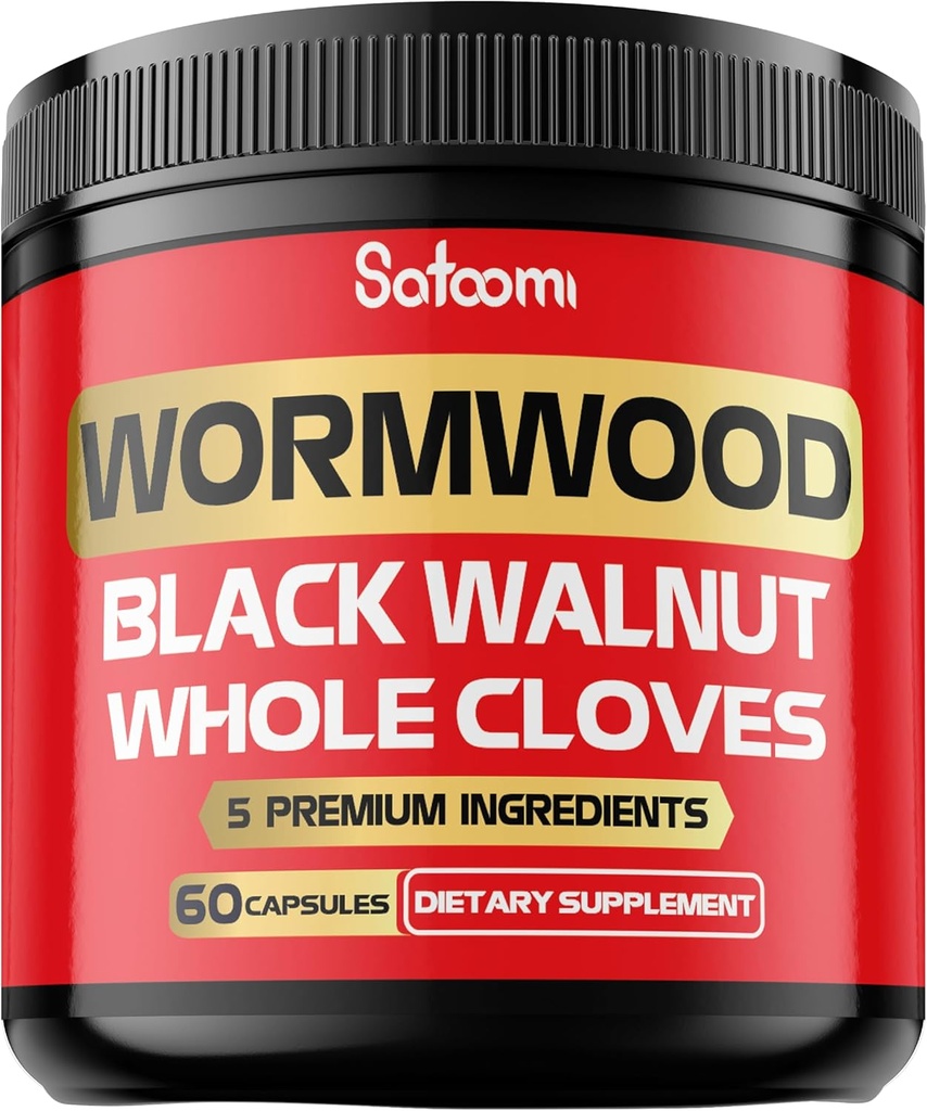 Satoomi 5 in 1 Wormwood Capsules Supplement - Black Walnut, Whole Cloves, Turmeric and Berberine HCl - Immune System & Digestion Health - 60 Capsules