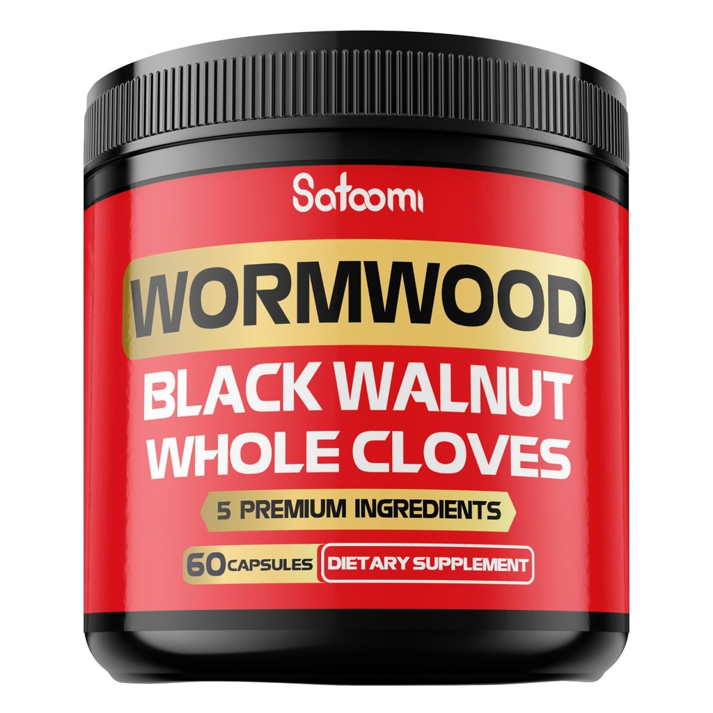 Satoomi 5 in 1 Wormwood Capsules Supplement - Black Walnut, Whole Cloves, Turmeric and Berberine HCl - Immune System & Digestion Health - 60 Capsules