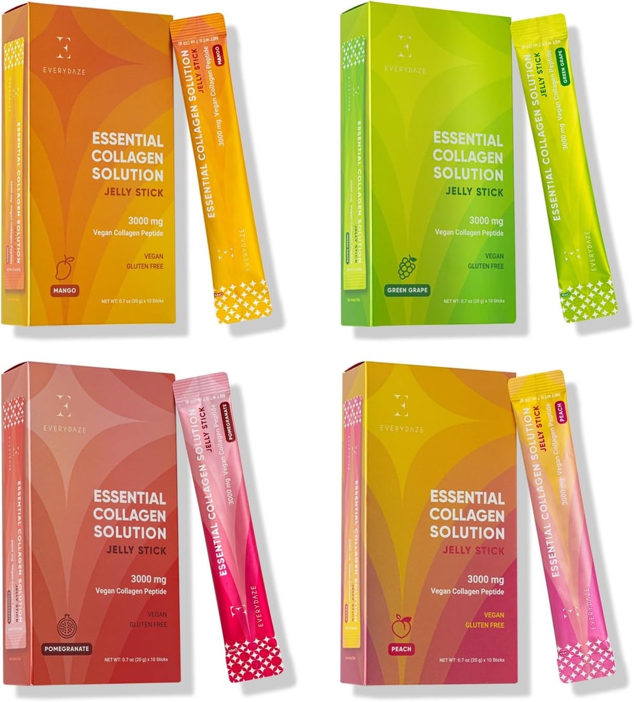 EVERYDAZE Essential Collagen Çözüm Jelly Stick | 40 Çeşitli Paket | Peach, Mango, Green Grape, Pomegranate | Vegan Collagen Peptide Supplement | Saç, Skin, Nail, Bone Health for Men & Women