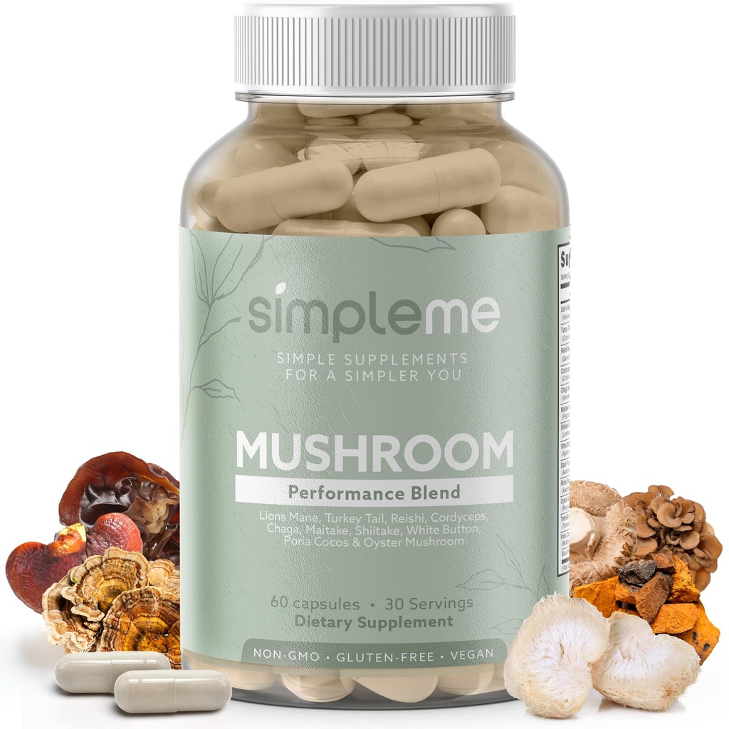 Simpleme Multi-Mushroom Supplement - Kompleks For Brain, Immune Support, Nootropics - Performance Meeting with Lions Mane, Türkiye Tail, Reishi, Cordyceps, Chaga, Maitake, Shiitake, and More - 60 Capsules