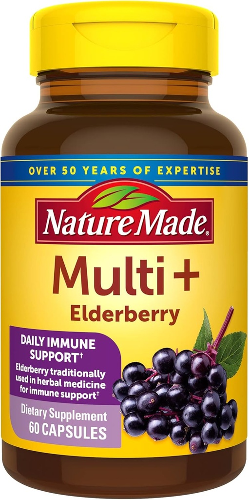 Nature Made Multi + κάψουλες Elderberry, Multivitamin for Women and Men Daily Immune Support, Women, One Per Day Γυναικείες Βιταμίνες, 60 Count, Brown, Pack of 1, (HL000220)