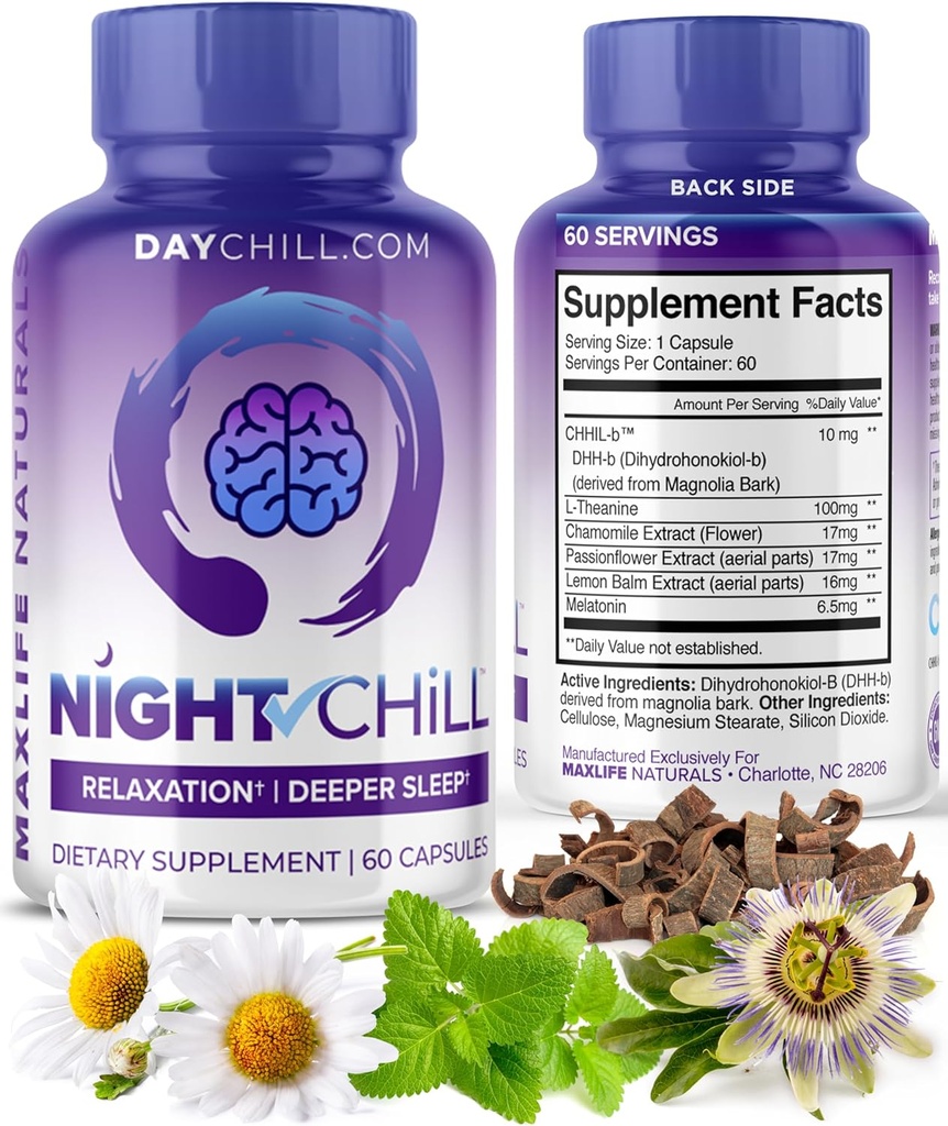 Gece Chill Sleep Supplement – 60 Capsules - Magnolia Bark ve L-Theanine Supplement - Stres Calm Mood Destek - MaxLife Naturals tarafından yetişkinler için Uyku Pills