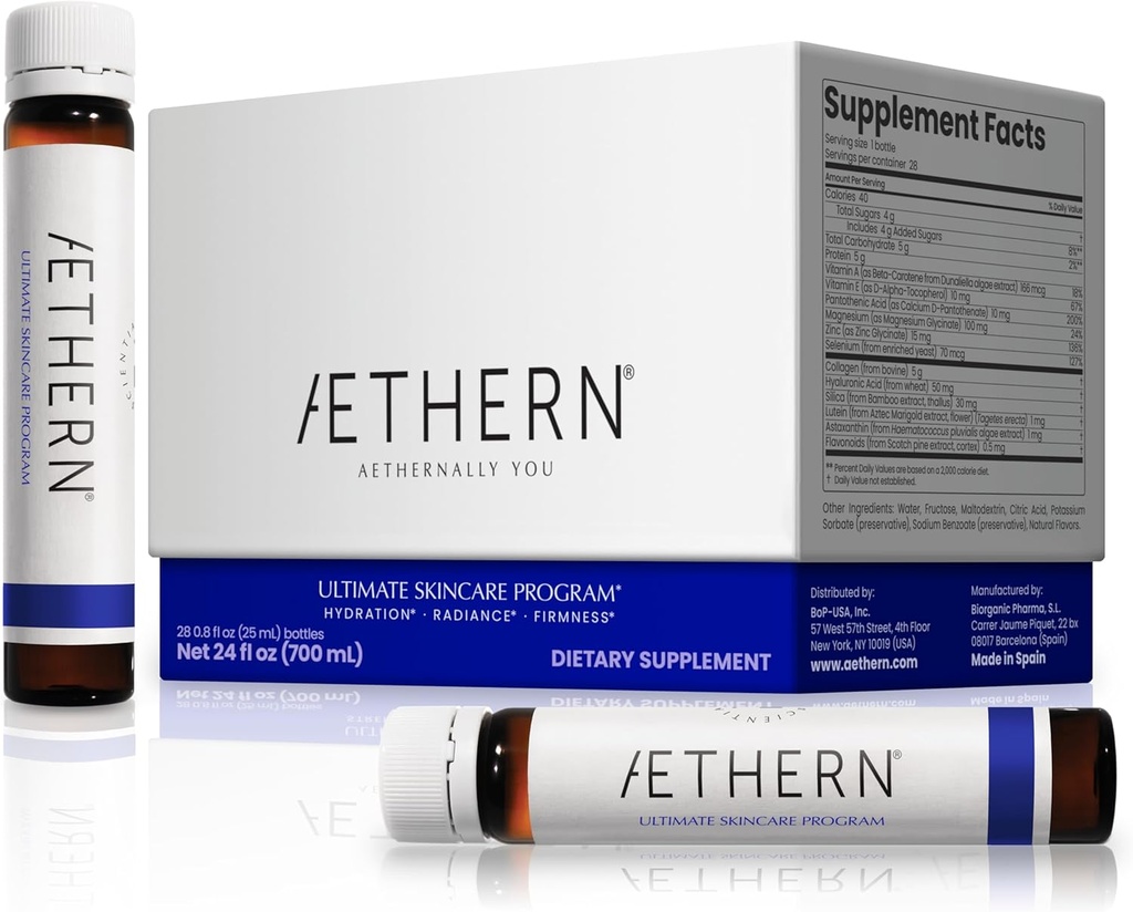 Sıvı Skin Care Supplement with Collagen + Hyaluronic Acid. Hazır-to-Drink. Klinik olarak Glowing, Hydrated ve Firma Derma. UV Koruma. 28 Hizmet. Ultimate Skincare Programı