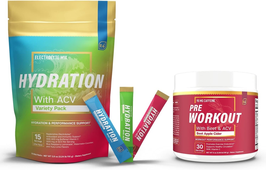 Sugar Free Hydration Toz Paketleri Çeşitli - 15 Stick Packs & PreWorkout Toz ACV | Heat, Egzersiz, Seyahat, Daily Hydration + Superfood Energy & All-Doğal Nitrik Membran ATM Plus Caffeine