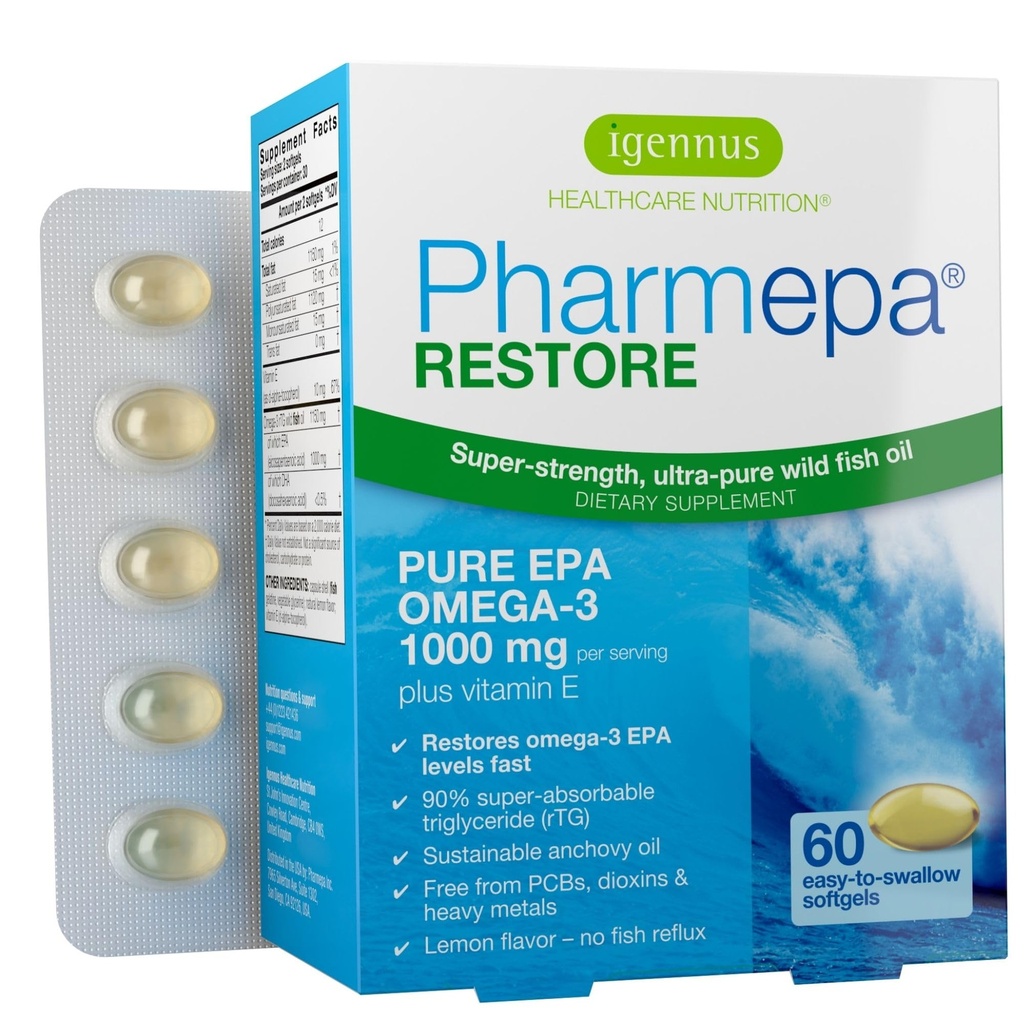 Igennus Pharmepa Restore, Pure EPA 1000 mg, Omega 3 rTG Fish Oil, IFOS sertifikalı, Yüksek Aborpsiyon, 90 Concentration Triple Strength, Wild & Sustainable, Lemon Flavor, 1-Month Supply, 60 Softgels