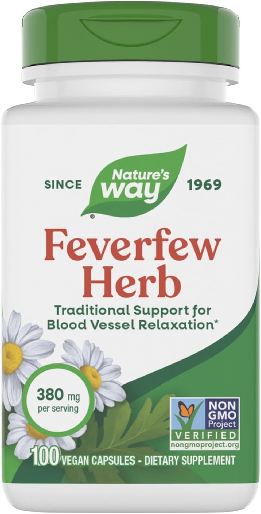 Nature's Way Feverfew Herb, Blood Style Relaxation için Geleneksel Destek*, hizmet başına 380 mg, Non-GMO Projesi Doğrulandı, 100 Vegan Ateşfew Capsules (Pazar Mayıs Vary)