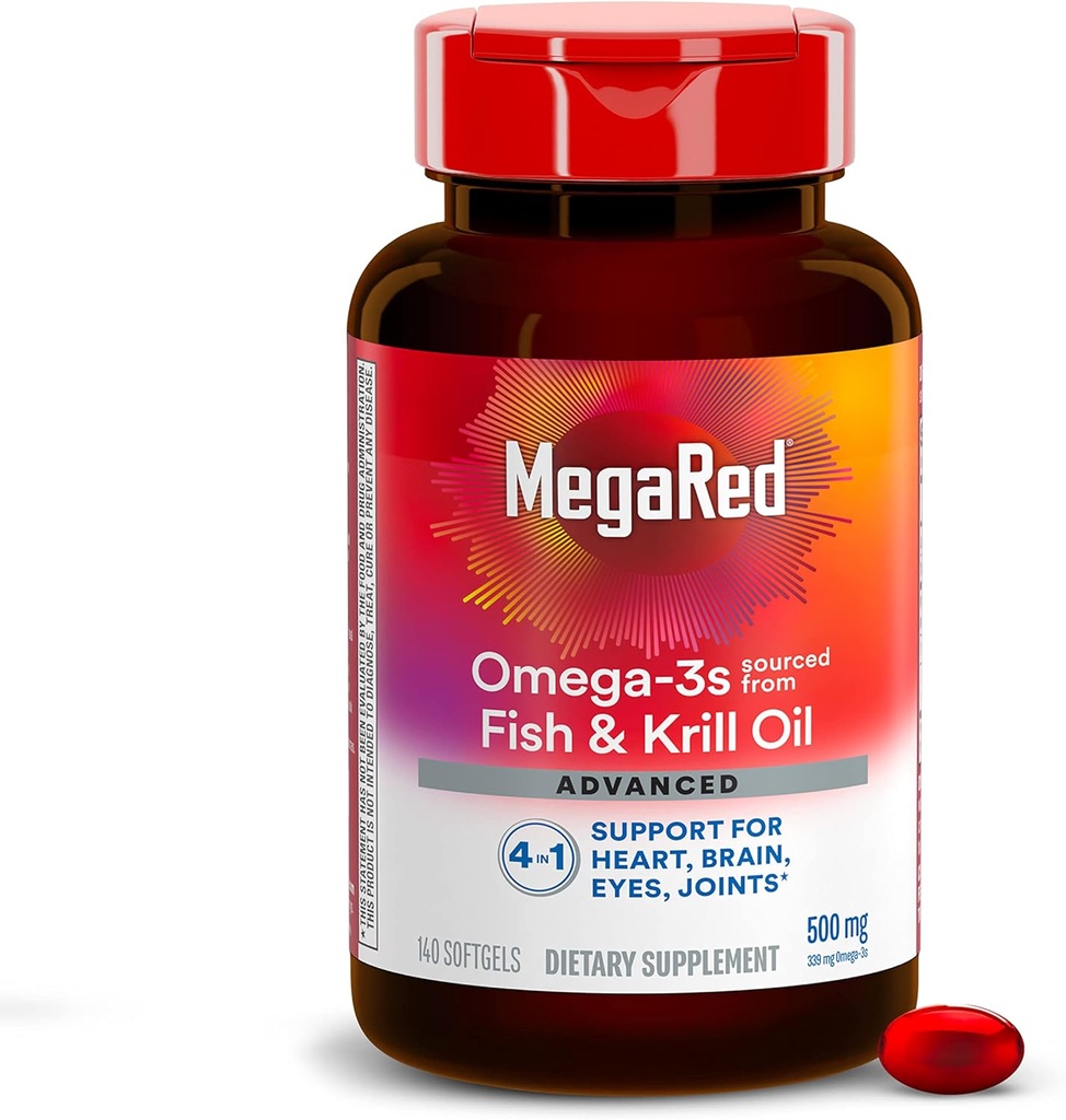 MegaRed Omega 3 Fish Oil Supplement + Krill Oil 500 mg, Advanced 4in1 EPA & DHA Omega 3 Fatty Acid Softgels (140cnt Şişe), Phospholipids, Supports Brain Eye Joint & Heart Health Health