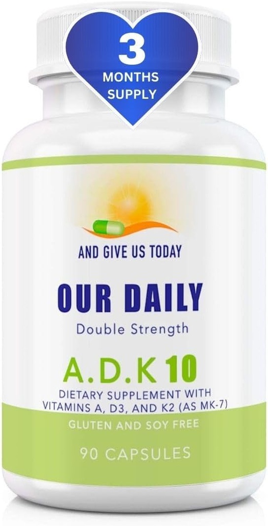 Daily Vites ADK 10 Διπλή Δύναμη (10.000 eu) Βιταμίνες A1, D3 & K2 (ως MK7) - Φυσικός Φόρμουλα Οστού & ανοσοποιητικού Συστήματος Συμπλήρωμα Υποστήριξης - Χωρίς γλουτένη, Μη ΓΤΟ - 90 Χορτοφαγικές Κάψουλες