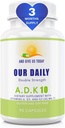 Daily Vites ADK 10 Διπλή Δύναμη (10.000 eu) Βιταμίνες A1, D3 & K2 (ως MK7) - Φυσικός Φόρμουλα Οστού & ανοσοποιητικού Συστήματος Συμπλήρωμα Υποστήριξης - Χωρίς γλουτένη, Μη ΓΤΟ - 90 Χορτοφαγικές Κάψουλες