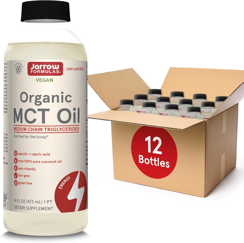 Jarrow Formulas Organic MCT Oil - 16 fl oz - Fast Fuel for Brain & Mysters - Caprylic (C8) + Capric Acid (C10) - Ketogenic Diet Friendly Supplement - Χωρίς γεύση (Pack of 12)