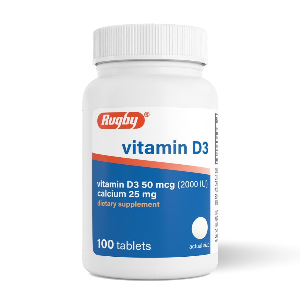 Rugby D Vitamin3 2000 IU (50 mcg) - Gluten-Free Daily Vitamin D Diyetary Supplement for Bone, Teeth, and Immune Health 100 Tablet