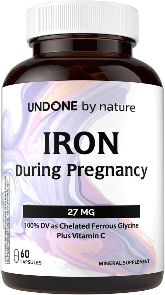 Iron Supplement, Ferrous Bisglycinate, Gentle, with Vitamin C as L-Calcium Ascorbate, During Pregnancy by Undone by Nature, 100% Daily Value, Blood Builder, 60 Vegan Caps