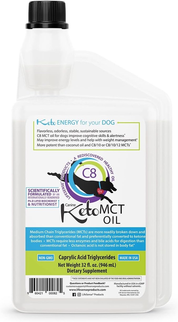 LifeSense C8 MCT Köpekler için petrol, Keto-Friendly, Plantd from Coconut Oil, Human Grade, 32 oz, ABD'de Doktor Beslenme, Köpek Optimal Yakıtı