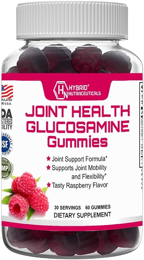 Hybrid Nutraceuticals Joint Health Supplement - Glucosamine Gummies with Vitamin E - Support Joint Mobility & Flexability Support Supplement, Raspberry Flavor - 60 Gummies