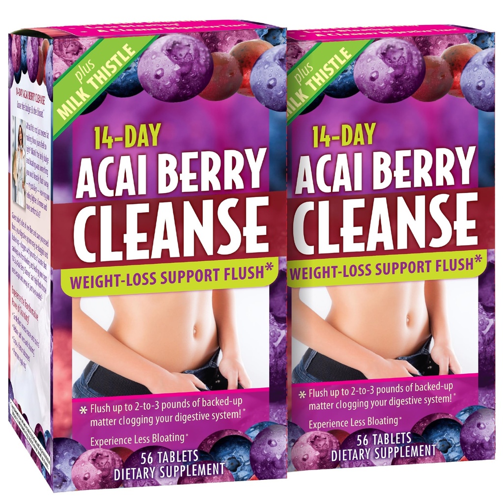 Applied Nutrition 14-Day Acai Berry Cleanse - 56 Tablets, Pack of 2 - Weight-Loss Support Flush + Milk Thistle - 56 Servings