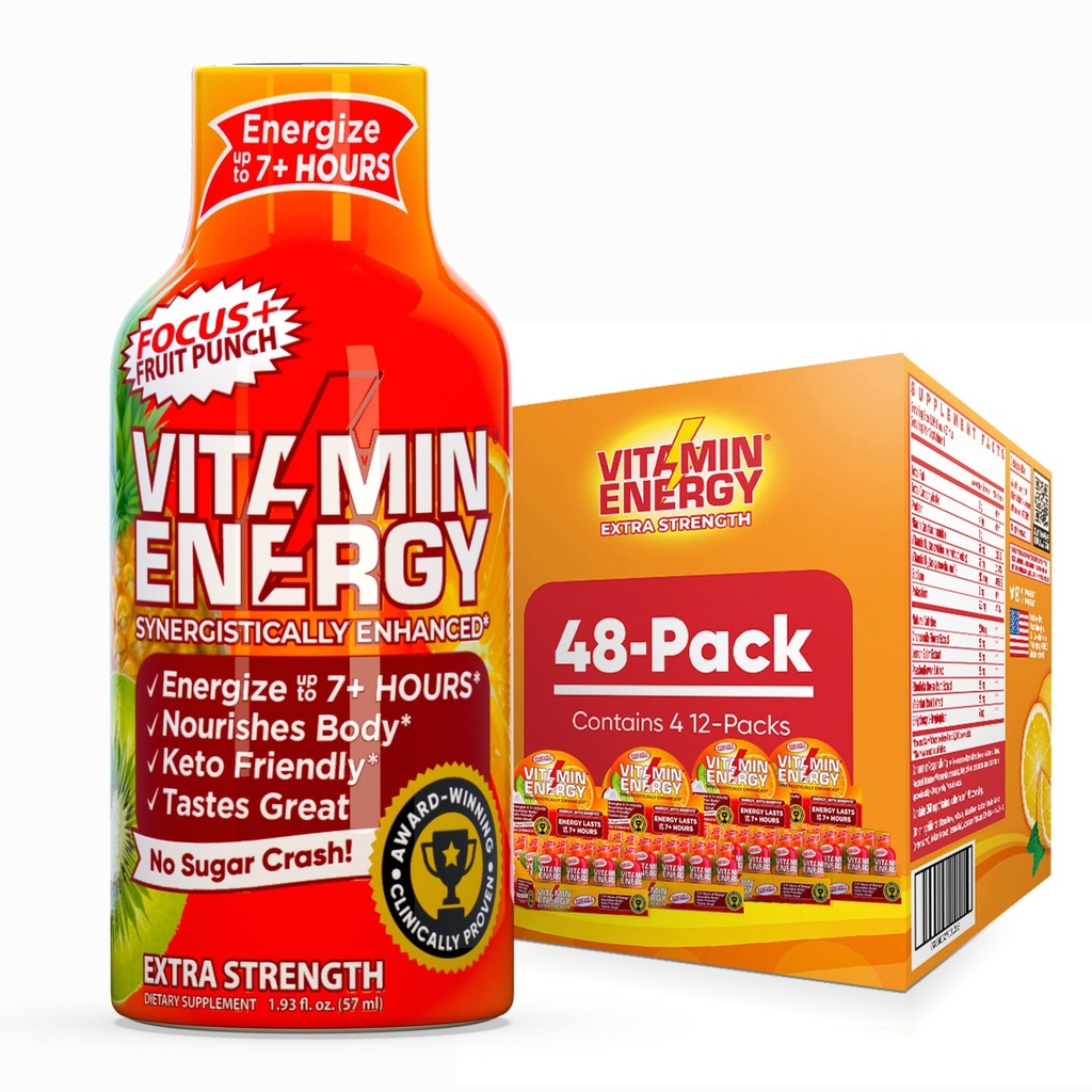Enerji Verimliliği Odaklı + Ekstra Güçlü Enerji Shot Meyve Z 48 Paketi, 260 mg Doğal Caffeine, B-Vitamins, CoQ10, Amino Asits, Focus, Verimlilik & Clarity, Zero Sugar, Gluten-Free, 1.93 fl oz