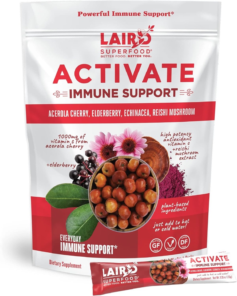 Laird Superfood Activate Immune Support Toz Drink Supplement, 1000 mg of Vitamin C from Acerola Cherry, Elderberry, Echinacea and Reishi Mushroom, 7.75 Gram Stick, 10 Paket
