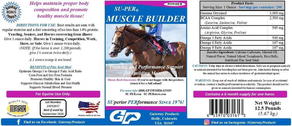 SU-PER Muscle Builder Horse Supplement - Exercising Muscle - 12.5 Pound, 6 Ay Supply