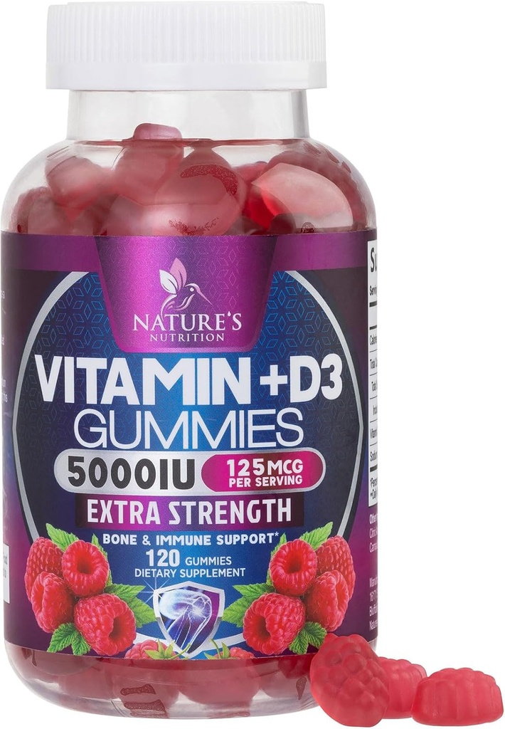 D3 Vitamin Gummy 5000 IU (125 mcg) Erkekler ve Kadınlar için D vitamini - Kemik, Dişler, Kas ve Immune Health Support, High Potency VIT D3 Nature's Non-GMO & Gluten Free - 120 Gummies