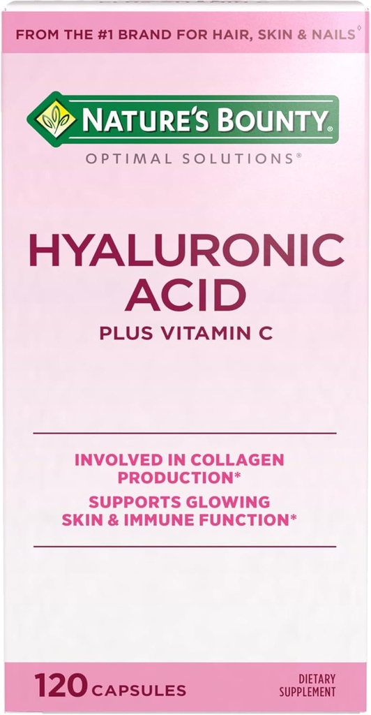 Nature's Bounty Vitamin C ve Hyaluronic Acid Supplement, Supports Glowing Skin, Immune Function & Collagen Production, 120 Capsules - 60 Day Supply, Optimal Solutions Supplements for Skin Health