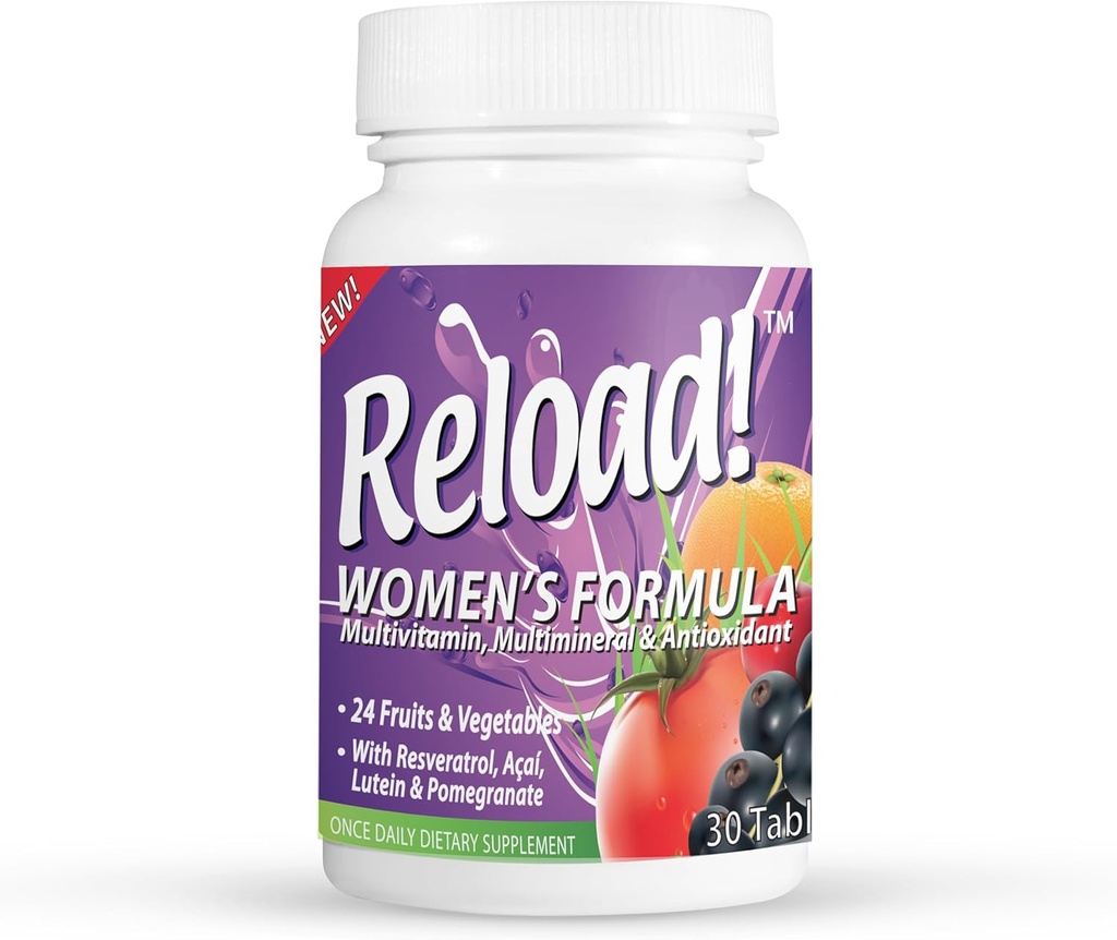 Reload! για τις γυναίκες, όλα τα φυσικά, πολυβιταμίνη, πολυμινικό, και αντιοξειδωτικό με 24 φρούτα και λαχανικά, καθώς και βιοτίνη για τα μαλλιά, το δέρμα, και τα νύχια. 1 Μήνας Προμήθεια.