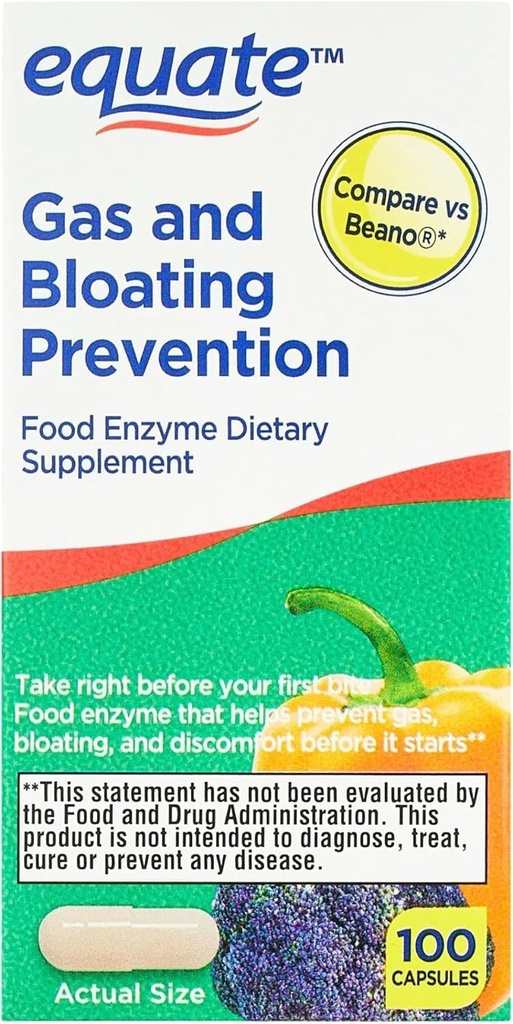 Equate Gas and Bloating Relief Prevention, Food Enzyme Dietary Supplement Capsules 100 Count (Pack of 1)