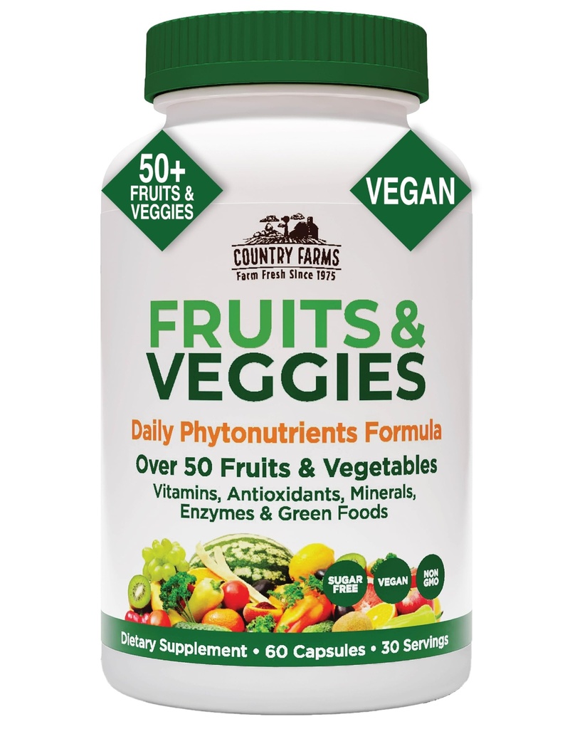 COUNTRY FARMS Super Fruits ve Veggies Capsules, Whole Food Supplement, Güçlü Antioksi, Supports Energy, Immune Health, Boosts Digestive Health, 30 Super Foods, 30 Hizmet
