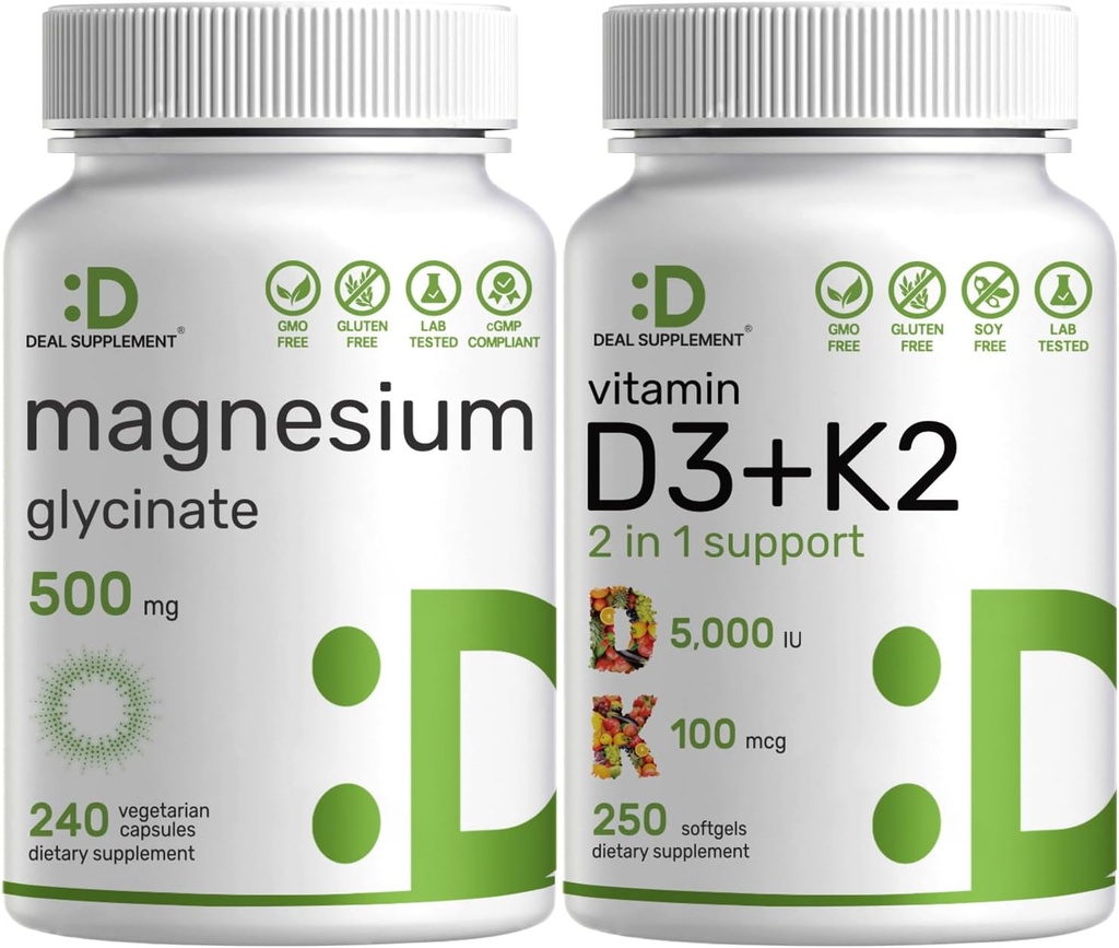 Magnezyum Glycinate 500 mg Veggie Capsules & Vitamin D3 5000iu + K2 100mcg Softgels Sche - Kolay Absorbed Chelated Mineral - D & K Essential Sunshine Vitaminleri