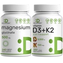 Μαγνήσιο Γλυκινικό 500mg Κάψουλες Veggie & Βιταμίνη D3 5.000iu + K2 100mcg Softgels Bundle – Εύκολα Απορροφώμενο Χηματοποιημένο Ορυκτό – D & K Ουσιώδεις Βιταμίνες Ηλιαχτίδας