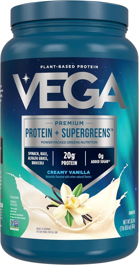 Vega Premium Protein + Supergreens - 20g protein, Creamy Vanilla, 25 Hizmet, Spinach,Kale, Alfalfa Grass, Broccoli, 0g Eklenmiş Şeker, Non-GMO, Gluten Free, Dairy Free, 1.68 lbs (Pazar May Vary)