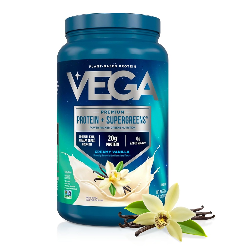 Vega Premium Protein + Supergreens - 20g protein, Creamy Vanilla, 25 Hizmet, Spinach,Kale, Alfalfa Grass, Broccoli, 0g Eklenmiş Şeker, Non-GMO, Gluten Free, Dairy Free, 1.68 lbs (Pazar May Vary)