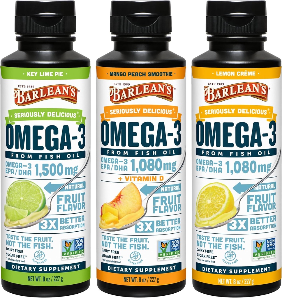Barlean Omega 3 Fish Oil Liquid Supplement 3-Flavor Variety Pack για άνδρες και γυναίκες, EPA και DHA λιπαρά οξέα, περιλαμβάνει το βασικό Lime Pie, λεμόνι Crème και Mango Ροδάκινο Γεύσεις, 8 oz