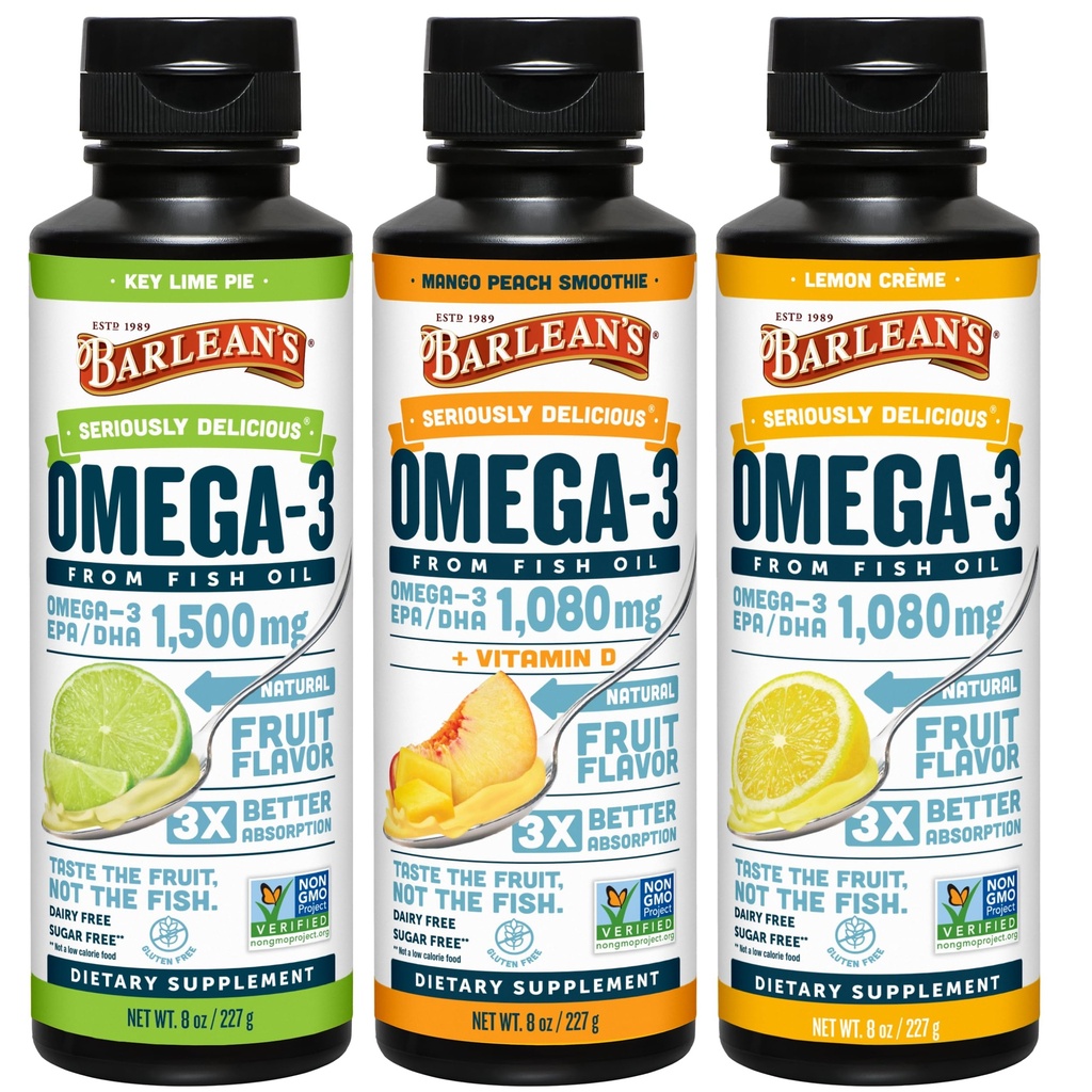 Barlean'ın Omega 3 Fish Oil Liquid Supplement 3Flavor Diversity Pack for Men and Women, EPA ve DHA Fatty Acid, Key Lime Pie, Lemon Crème ve Mango Peach Flavors, 8 ozz