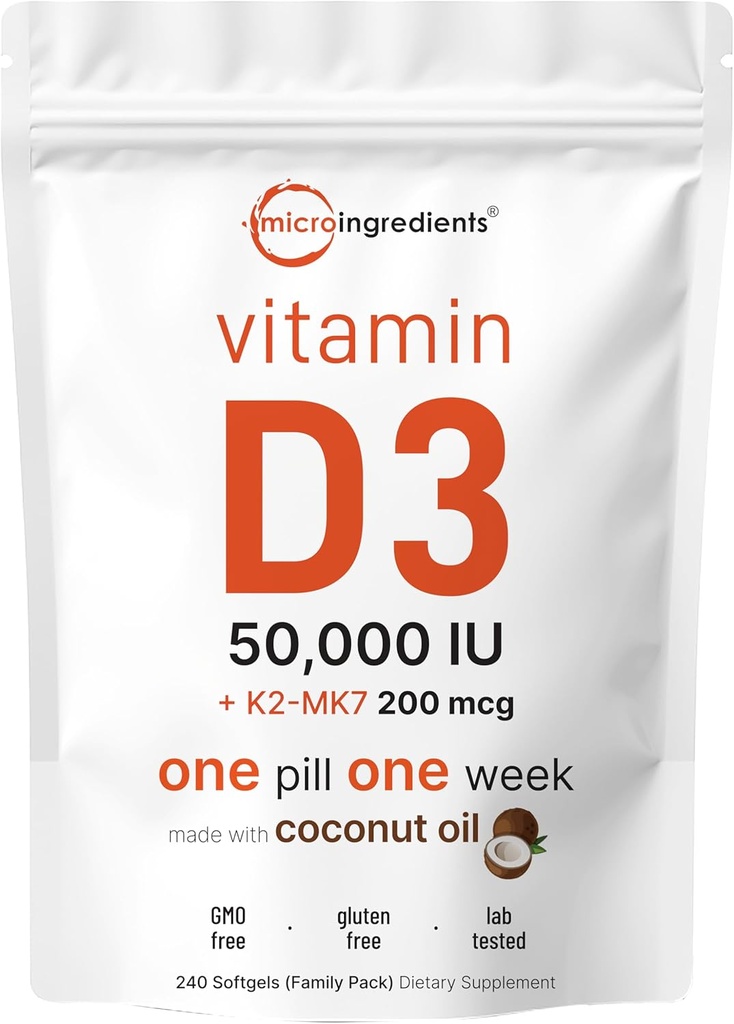 Mikro Malzemeler D3 50.000 IU + K2 MK-7 200 mcg, 240 Softgels | Virgin Coconut Oil | 2in-1 Bone, Immune & Heart Support | Easy to Swallow, Non-GMO 200 mcg, Non-GMO