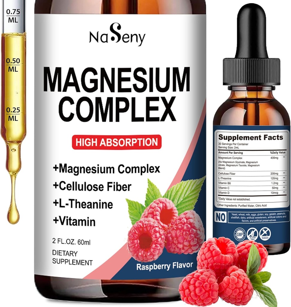 Magnezyum Kompleksi Tamam, 400 mg of Magnezyum Glycinate, Malate & Citrate Vitamini Kadınlar ve Erkekler için, Yüksek Aborpsiyon - Rahatlama, İyi Uyku ve Nerve Health (60ML/Raspberry)