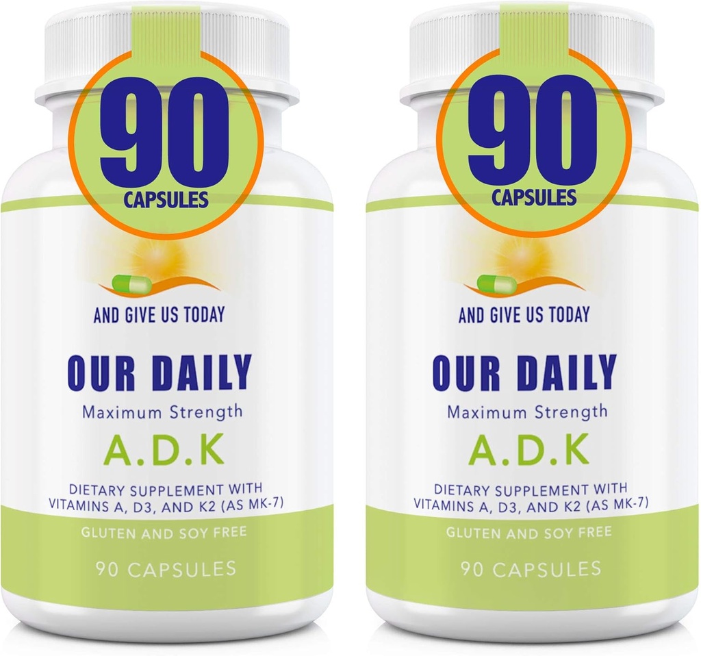 Daily Vites ADK Supplement - Βιταμίνη Α, D3 & K2 (ως MK7) - Οστική υποστήριξη, ανοσοποιητικό σύστημα - Βιταμίνες υψηλής ισχύος με μη ΓΤΟ συστατικά - Χωρίς γλουτένη, Χωρίς σόγια κάψουλες 180 CT