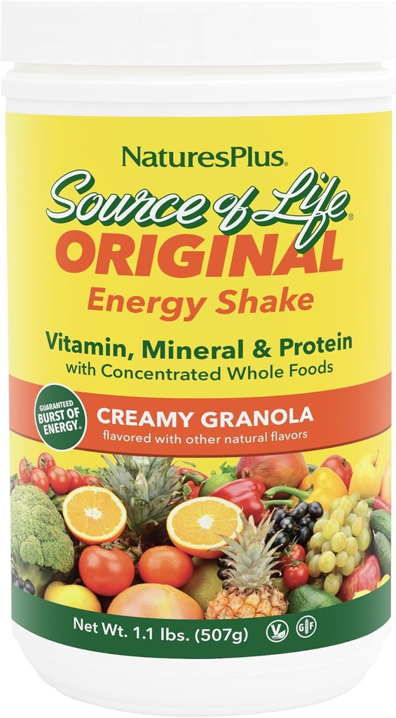 Natures Plus Πηγή Ενέργειας Ζωής Shake, Κρέμα Granola - 1,1 lbs - Παρέχει 13g Πλήρης πρωτεΐνη, βιταμίνες & ορυκτά - Μη ΓΤΟ, Χωρίς γλουτένη, Χορτοφαγικά - 13 Σύνολο Σερβίρει